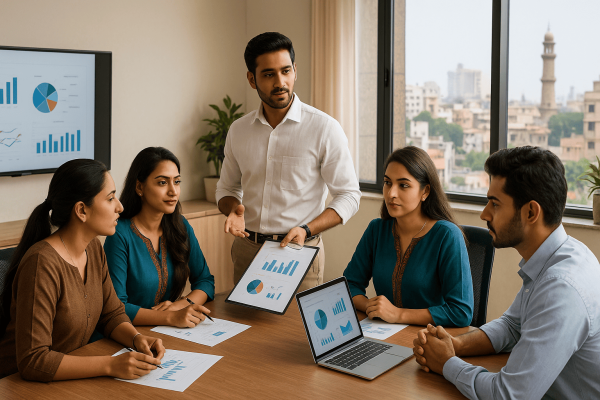 Diverse business professionals analyzing survey results on a digital dashboard