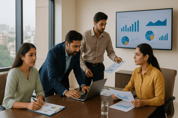 Diverse business professionals analyzing survey results on a digital dashboard