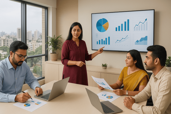 "Business analyst presenting B2B survey insights in a boardroom meeting"