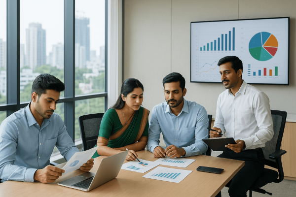 "Business analyst presenting B2B survey insights in a boardroom meeting"