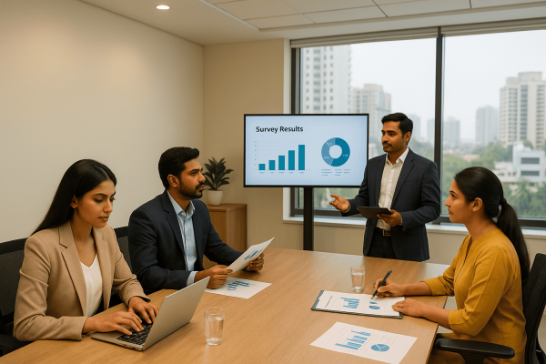 "Diverse business professionals analyzing survey results on a digital dashboard"