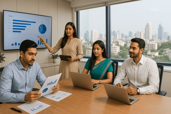 "Business analyst presenting B2B survey insights in a boardroom meeting"