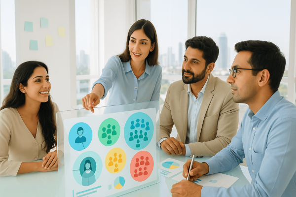 “Marketing analysts reviewing a segmentation model with demographic and psychographic clusters visualized on a dashboard”