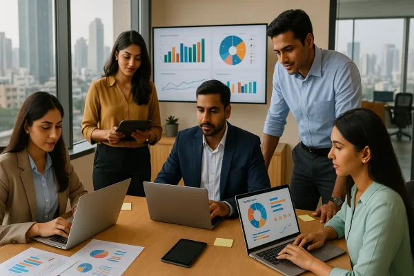 “Group of marketing professionals analyzing usage & attitude study results on a dashboard”