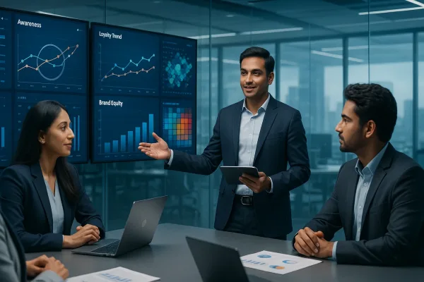 “Brand managers and research analysts reviewing brand tracking data in a strategy session”