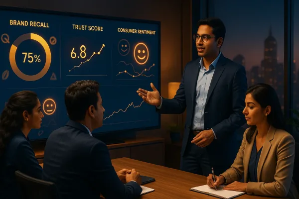 “Brand managers and research analysts reviewing brand tracking data in a strategy session”