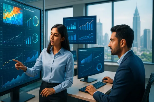 “Brand managers and research analysts reviewing brand tracking data in a strategy session”